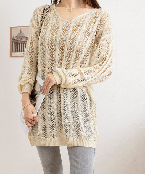 バッグレースアップ 透かし編みニット レディース Vネック クロシェ編み ニットプルオーバー ゆったり サマーニット 体型カバー 長袖メッシュニット セクシー 86MZHILING-001