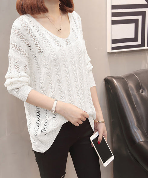 バッグレースアップ 透かし編みニット レディース Vネック クロシェ編み ニットプルオーバー ゆったり サマーニット 体型カバー 長袖メッシュニット セクシー 86MZHILING-001