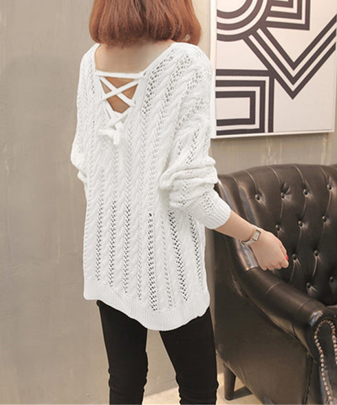 バッグレースアップ 透かし編みニット レディース Vネック クロシェ編み ニットプルオーバー ゆったり サマーニット 体型カバー 長袖メッシュニット セクシー 86MZHILING-001