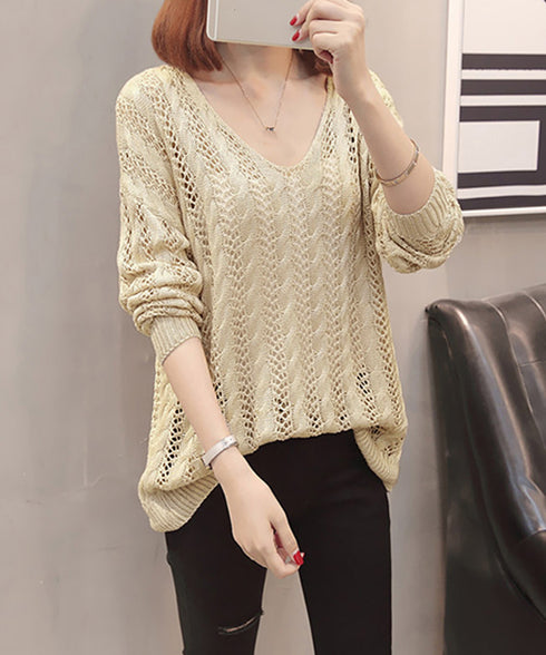 バッグレースアップ 透かし編みニット レディース Vネック クロシェ編み ニットプルオーバー ゆったり サマーニット 体型カバー 長袖メッシュニット セクシー 86MZHILING-001