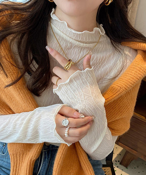 シースルートップス メロウフリルブラウス レディース レースブラウス プチハイネック セクシー シアーシャツブラウス 透け感 重ね着インナートップス 薄手着回し 86PINYU-001