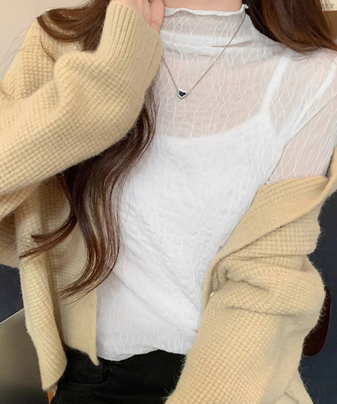 シースルートップス メロウフリルブラウス レディース レースブラウス プチハイネック セクシー シアーシャツブラウス 透け感 重ね着インナートップス 薄手着回し 86PINYU-001