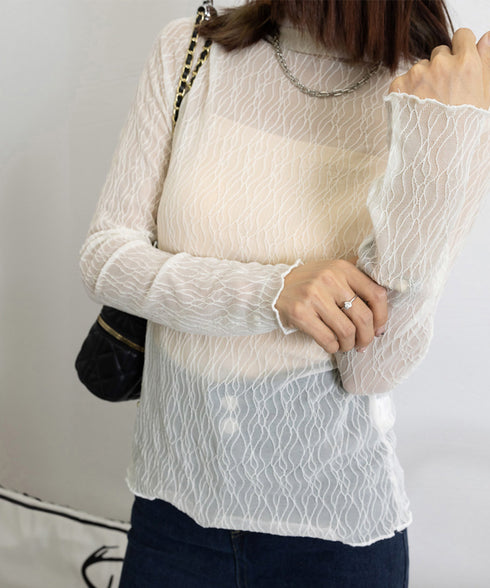 シースルートップス メロウフリルブラウス レディース レースブラウス プチハイネック セクシー シアーシャツブラウス 透け感 重ね着インナートップス 薄手着回し 86PINYU-001