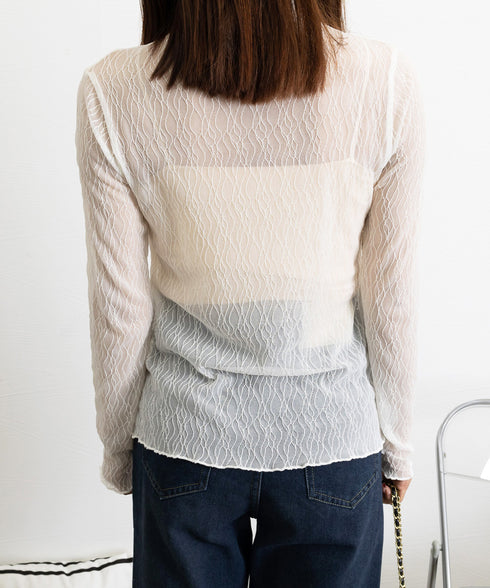 シースルートップス メロウフリルブラウス レディース レースブラウス プチハイネック セクシー シアーシャツブラウス 透け感 重ね着インナートップス 薄手着回し 86PINYU-001