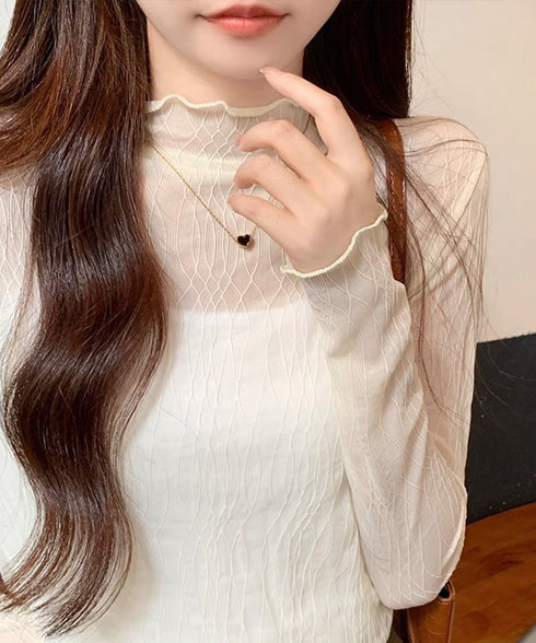 シースルートップス メロウフリルブラウス レディース レースブラウス プチハイネック セクシー シアーシャツブラウス 透け感 重ね着インナートップス 薄手着回し 86PINYU-001