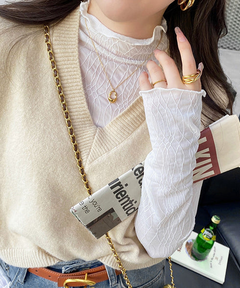 シースルートップス メロウフリルブラウス レディース レースブラウス プチハイネック セクシー シアーシャツブラウス 透け感 重ね着インナートップス 薄手着回し 86PINYU-001