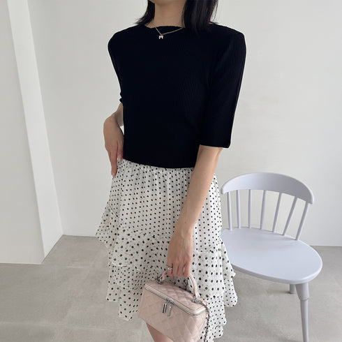 5分袖リブニット夏服トップス レディース 韓国風 冷感タッチ サマーニット Vネック ボートネック クルーネック夏トップス 無地 着やせ きれいめ 大人カットソー 86QIAOYI-001