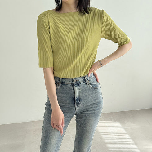5分袖リブニット夏服トップス レディース 韓国風 冷感タッチ サマーニット Vネック ボートネック クルーネック夏トップス 無地 着やせ きれいめ 大人カットソー 86QIAOYI-001