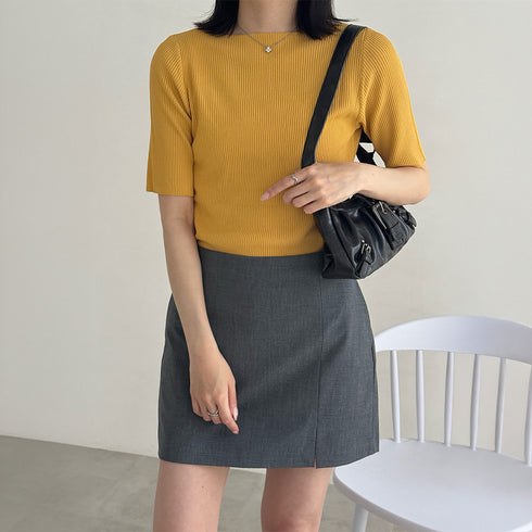 5分袖リブニット夏服トップス レディース 韓国風 冷感タッチ サマーニット Vネック ボートネック クルーネック夏トップス 無地 着やせ きれいめ 大人カットソー 86QIAOYI-001