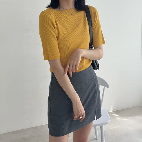 5分袖リブニット夏服トップス レディース 韓国風 冷感タッチ サマーニット Vネック ボートネック クルーネック夏トップス 無地 着やせ きれいめ 大人カットソー 86QIAOYI-001