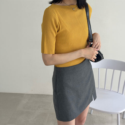 5分袖リブニット夏服トップス レディース 韓国風 冷感タッチ サマーニット Vネック ボートネック クルーネック夏トップス 無地 着やせ きれいめ 大人カットソー 86QIAOYI-001
