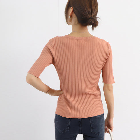 5分袖リブニット夏服トップス レディース 韓国風 冷感タッチ サマーニット Vネック ボートネック クルーネック夏トップス 無地 着やせ きれいめ 大人カットソー 86QIAOYI-001