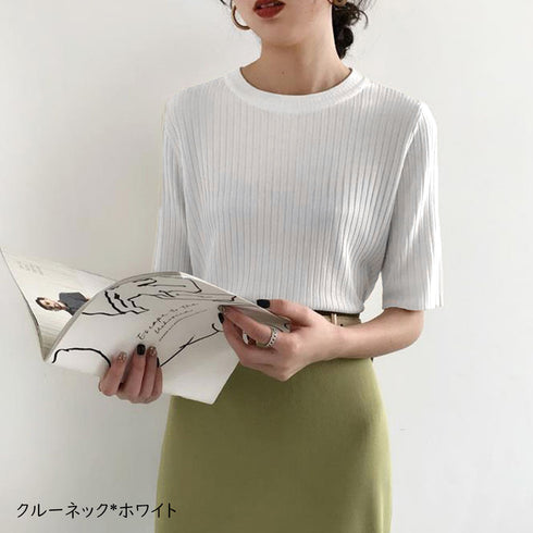 5分袖リブニット夏服トップス レディース 韓国風 冷感タッチ サマーニット Vネック ボートネック クルーネック夏トップス 無地 着やせ きれいめ 大人カットソー 86QIAOYI-001
