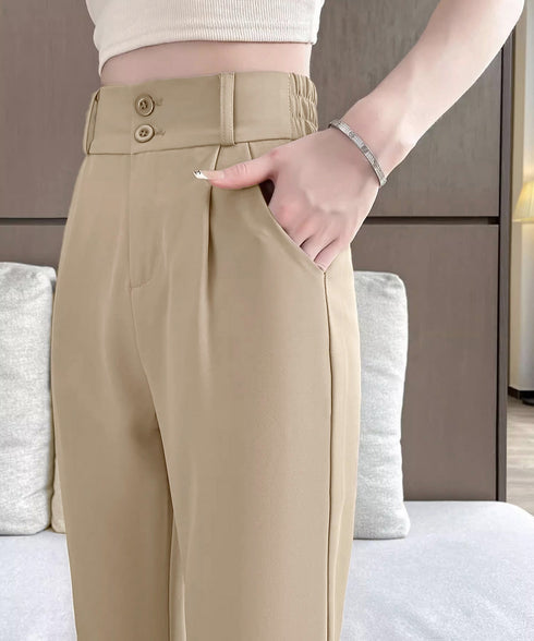 セミフレアワイドパンツ スラックスパンツ ハイウエスト ダブルボタン タックボトムス 美脚脚長ロングパンツ 着やせストレートパンツ お洒落楽ちんイージーパンツ春秋 86SHENGDA-001
