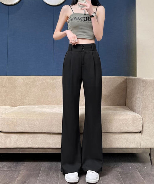 セミフレアワイドパンツ スラックスパンツ ハイウエスト ダブルボタン タックボトムス 美脚脚長ロングパンツ 着やせストレートパンツ お洒落楽ちんイージーパンツ春秋 86SHENGDA-001