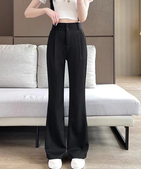 セミフレアワイドパンツ スラックスパンツ ハイウエスト ダブルボタン タックボトムス 美脚脚長ロングパンツ 着やせストレートパンツ お洒落楽ちんイージーパンツ春秋 86SHENGDA-001
