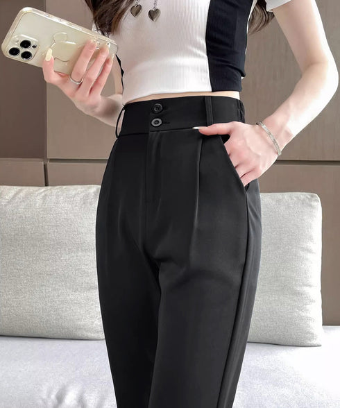 セミフレアワイドパンツ スラックスパンツ ハイウエスト ダブルボタン タックボトムス 美脚脚長ロングパンツ 着やせストレートパンツ お洒落楽ちんイージーパンツ春秋 86SHENGDA-001