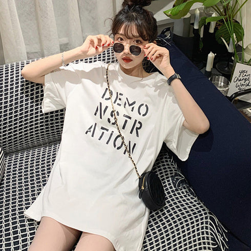 ロング ロゴtシャツ レディース 半袖 ロング ロゴtシャツ レディース 半袖 カットソー 体型カバー 英字プリントtシャツワンピース ゆったり トップス 86SHIZM-001
