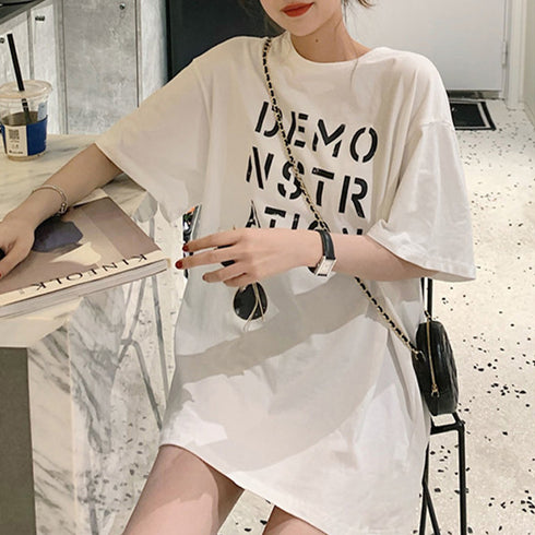 ロング ロゴtシャツ レディース 半袖 ロング ロゴtシャツ レディース 半袖 カットソー 体型カバー 英字プリントtシャツワンピース ゆったり トップス 86SHIZM-001