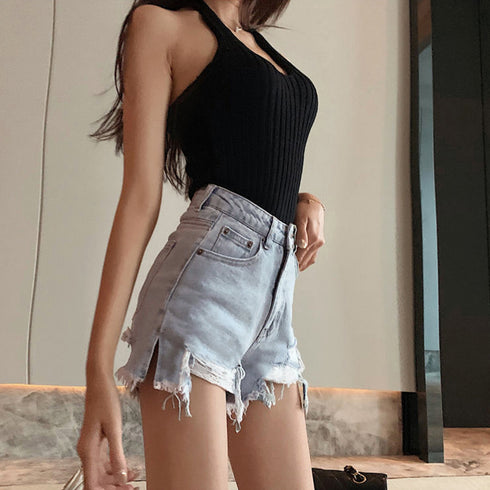 デニムショートパンツ ダメージレディース セクシー ミニデニムパンツ ハイウエスト カットオフ ジーンズ ホットパンツ おしゃれジーパン 美脚 脚長 着やせ 春夏 86SHUTIAN-001