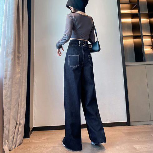 デニム ワイドパンツ ハイウエスト 脚長 おしゃれ ロングパンツ レディース カットオフ 美脚 ストレートパンツ 着やせ カジュアル ジーンズ ゆったり 春秋夏 86SIBOTE-001