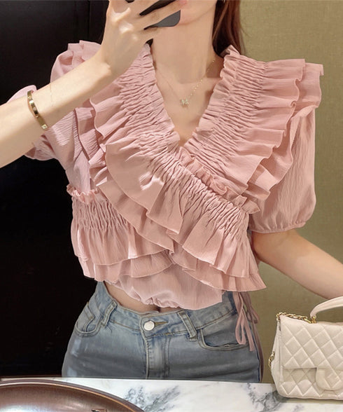 フリルブラウス シャーリングブラウス半袖 大人可愛い マルチウェイ 2WAY オフショルトップス フェミニン ショート丈ブラウス  韓国風 Vネックトップス 無地 86SIYOULI-001