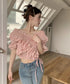 フリルブラウス シャーリングブラウス半袖 大人可愛い マルチウェイ 2WAY オフショルトップス フェミニン ショート丈ブラウス  韓国風 Vネックトップス 無地 86SIYOULI-001