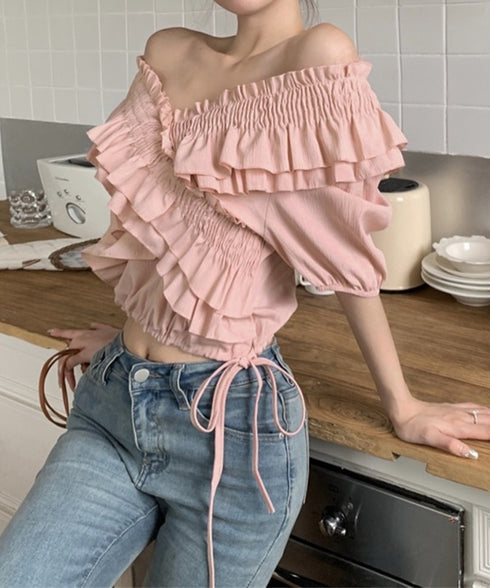 フリルブラウス シャーリングブラウス半袖 大人可愛い マルチウェイ 2WAY オフショルトップス フェミニン ショート丈ブラウス  韓国風 Vネックトップス 無地 86SIYOULI-001