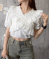フリルブラウス シャーリングブラウス半袖 大人可愛い マルチウェイ 2WAY オフショルトップス フェミニン ショート丈ブラウス  韓国風 Vネックトップス 無地 86SIYOULI-001