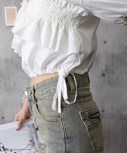 フリルブラウス シャーリングブラウス半袖 大人可愛い マルチウェイ 2WAY オフショルトップス フェミニン ショート丈ブラウス  韓国風 Vネックトップス 無地 86SIYOULI-001