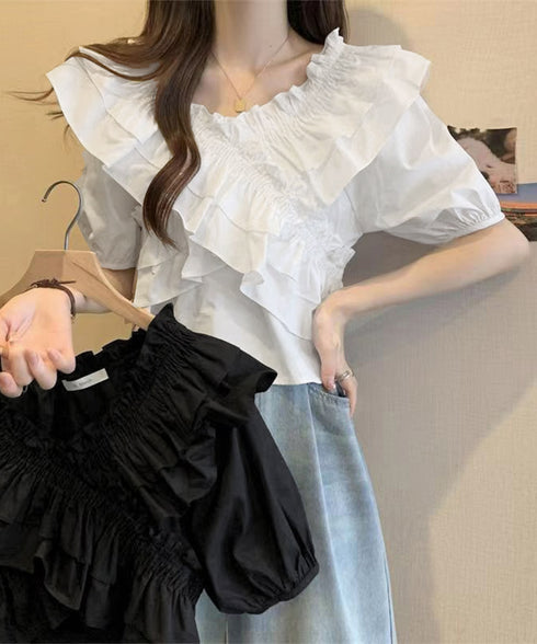 フリルブラウス シャーリングブラウス半袖 大人可愛い マルチウェイ 2WAY オフショルトップス フェミニン ショート丈ブラウス  韓国風 Vネックトップス 無地 86SIYOULI-001