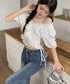 フリルブラウス シャーリングブラウス半袖 大人可愛い マルチウェイ 2WAY オフショルトップス フェミニン ショート丈ブラウス  韓国風 Vネックトップス 無地 86SIYOULI-001