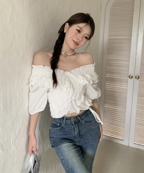 フリルブラウス シャーリングブラウス半袖 大人可愛い マルチウェイ 2WAY オフショルトップス フェミニン ショート丈ブラウス  韓国風 Vネックトップス 無地 86SIYOULI-001