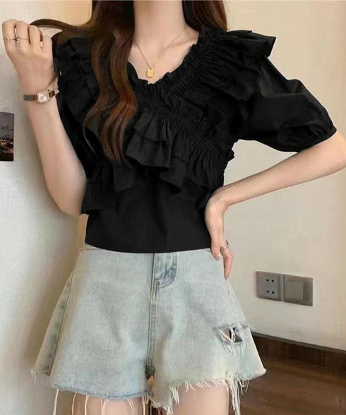 フリルブラウス シャーリングブラウス半袖 大人可愛い マルチウェイ 2WAY オフショルトップス フェミニン ショート丈ブラウス  韓国風 Vネックトップス 無地 86SIYOULI-001