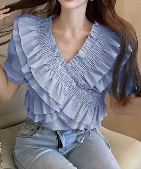 フリルブラウス シャーリングブラウス半袖 大人可愛い マルチウェイ 2WAY オフショルトップス フェミニン ショート丈ブラウス  韓国風 Vネックトップス 無地 86SIYOULI-001