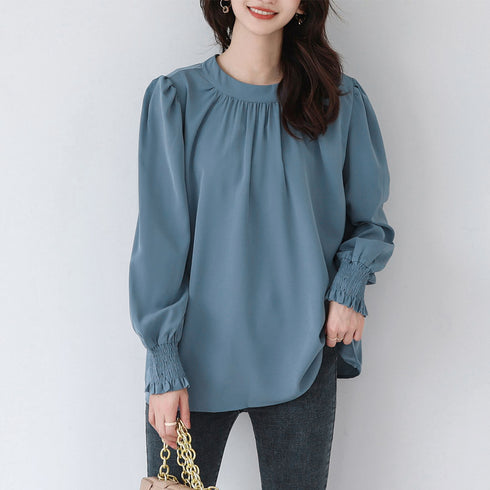 ギャザーブラウス スタンドカラー シャツ レディース バックリボン 上品シャツブラウス オフィスカジュアル とろみブラウスフェミニン プルオーバー長袖 韓国春秋夏 86SSJL-009