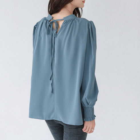 ギャザーブラウス スタンドカラー シャツ レディース バックリボン 上品シャツブラウス オフィスカジュアル とろみブラウスフェミニン プルオーバー長袖 韓国春秋夏 86SSJL-009