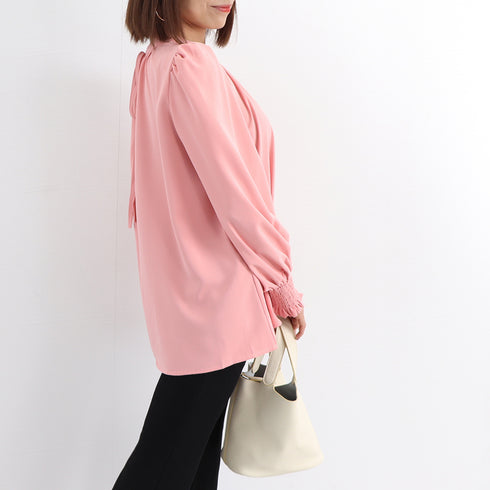 ギャザーブラウス スタンドカラー シャツ レディース バックリボン 上品シャツブラウス オフィスカジュアル とろみブラウスフェミニン プルオーバー長袖 韓国春秋夏 86SSJL-009