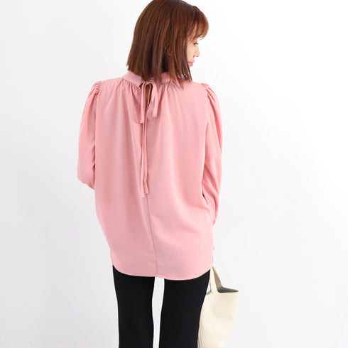 ギャザーブラウス スタンドカラー シャツ レディース バックリボン 上品シャツブラウス オフィスカジュアル とろみブラウスフェミニン プルオーバー長袖 韓国春秋夏 86SSJL-009