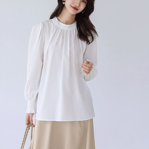 ギャザーブラウス スタンドカラー シャツ レディース バックリボン 上品シャツブラウス オフィスカジュアル とろみブラウスフェミニン プルオーバー長袖 韓国春秋夏 86SSJL-009