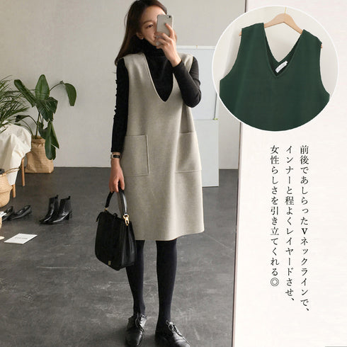 ワンピース ジャンパースカートレディース Vネックワンピース ポケット付き ノースリーブワンピ 暖かい 体型カバー タンクワンピース オーバーオール 秋冬 韓国 86SSJL-011