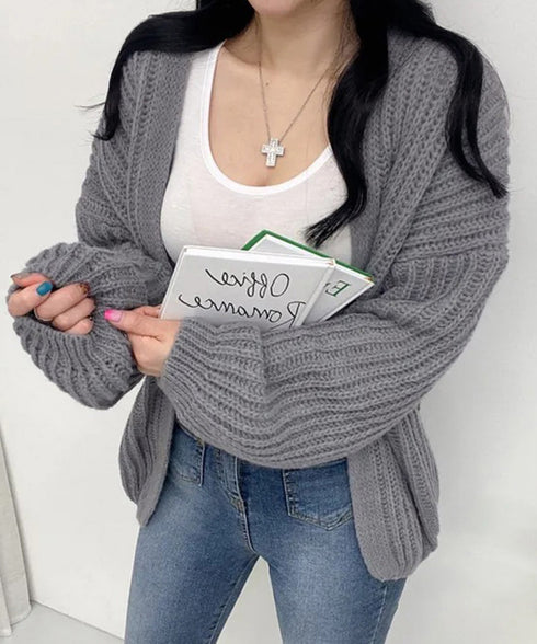 ニットカーディガン レディース ボレロ風 カーディガン 韓国風 ゆるニットトップス 体型カバー ボリューム袖 長袖 ニットアウター 羽織り 春秋服 大人カジュアル 86SSJL-013