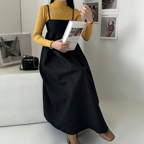ジャガードウェーブキャミワンピース 韓国 Aラインロングワンピース レディース 体型カバー 重ね着ジャンパースカート オールインワンゆったり おしゃれキャミワンピ 86SSJL-017
