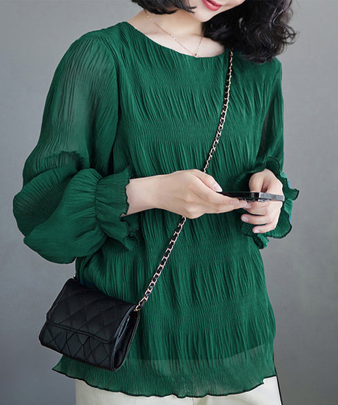 シャーリングブラウス 長袖トップス韓国風 袖シースルートップス レディース 裏地付き ギャザーブラウス 着やせ フェミニン重ね着インナー おしゃれプルオーバー春秋 86SSJL-019