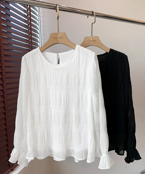 シャーリングブラウス 長袖トップス韓国風 袖シースルートップス レディース 裏地付き ギャザーブラウス 着やせ フェミニン重ね着インナー おしゃれプルオーバー春秋 86SSJL-019