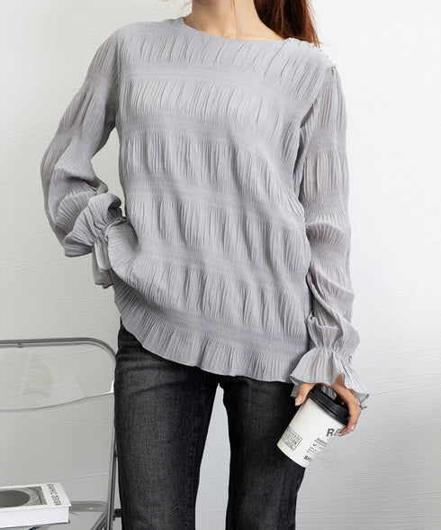 シャーリングブラウス 長袖トップス韓国風 袖シースルートップス レディース 裏地付き ギャザーブラウス 着やせ フェミニン重ね着インナー おしゃれプルオーバー春秋 86SSJL-019