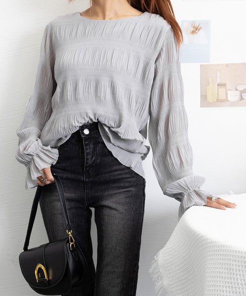 シャーリングブラウス 長袖トップス韓国風 袖シースルートップス レディース 裏地付き ギャザーブラウス 着やせ フェミニン重ね着インナー おしゃれプルオーバー春秋 86SSJL-019