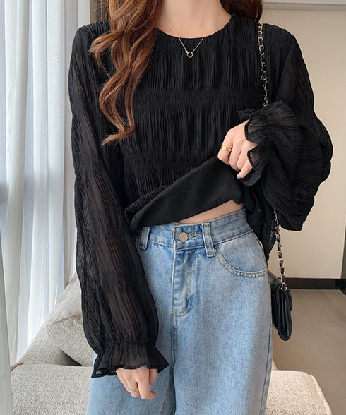 シャーリングブラウス 長袖トップス韓国風 袖シースルートップス レディース 裏地付き ギャザーブラウス 着やせ フェミニン重ね着インナー おしゃれプルオーバー春秋 86SSJL-019