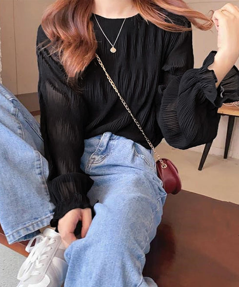 シャーリングブラウス 長袖トップス韓国風 袖シースルートップス レディース 裏地付き ギャザーブラウス 着やせ フェミニン重ね着インナー おしゃれプルオーバー春秋 86SSJL-019
