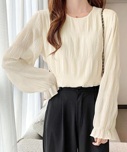 シャーリングブラウス 長袖トップス韓国風 袖シースルートップス レディース 裏地付き ギャザーブラウス 着やせ フェミニン重ね着インナー おしゃれプルオーバー春秋 86SSJL-019